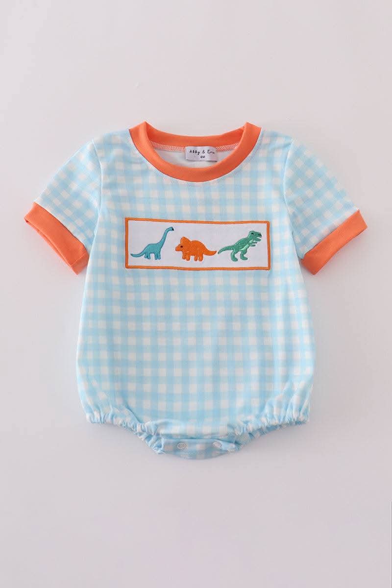 Blue Dinosaur Embroidery Gingham Boy Bubble Honeydew