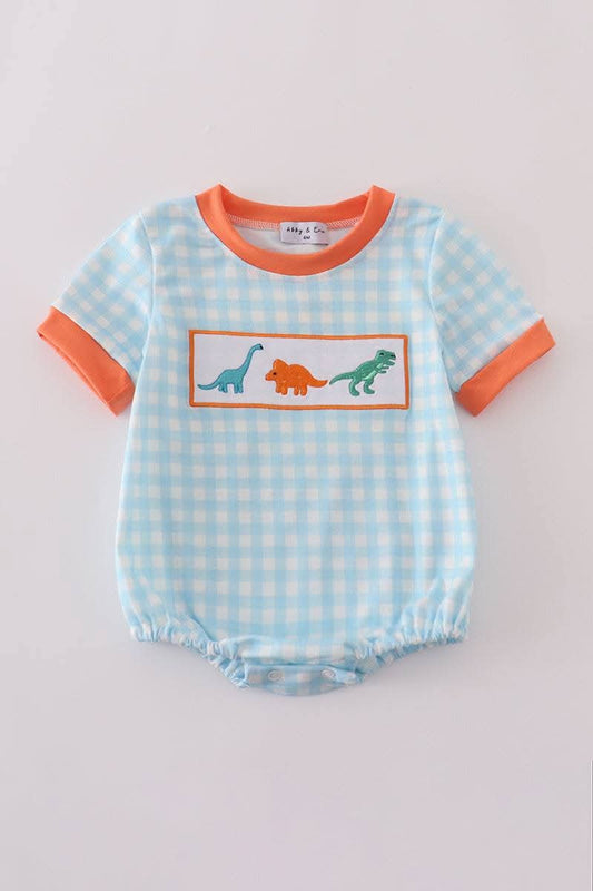 Blue Dinosaur Embroidery Gingham Boy Bubble Honeydew