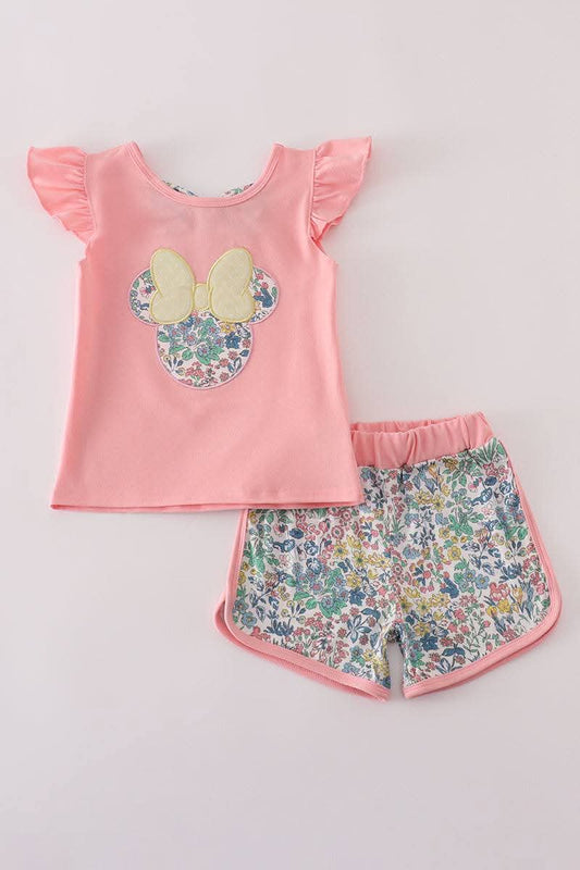 Pink Floral Character Applique Shorts Set Honeydew