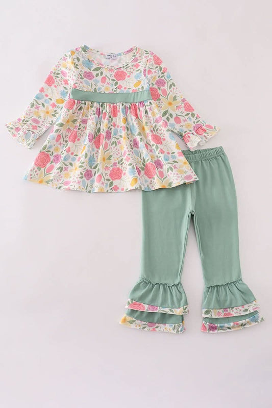Floral Print Ruffle Pants Set Honeydew