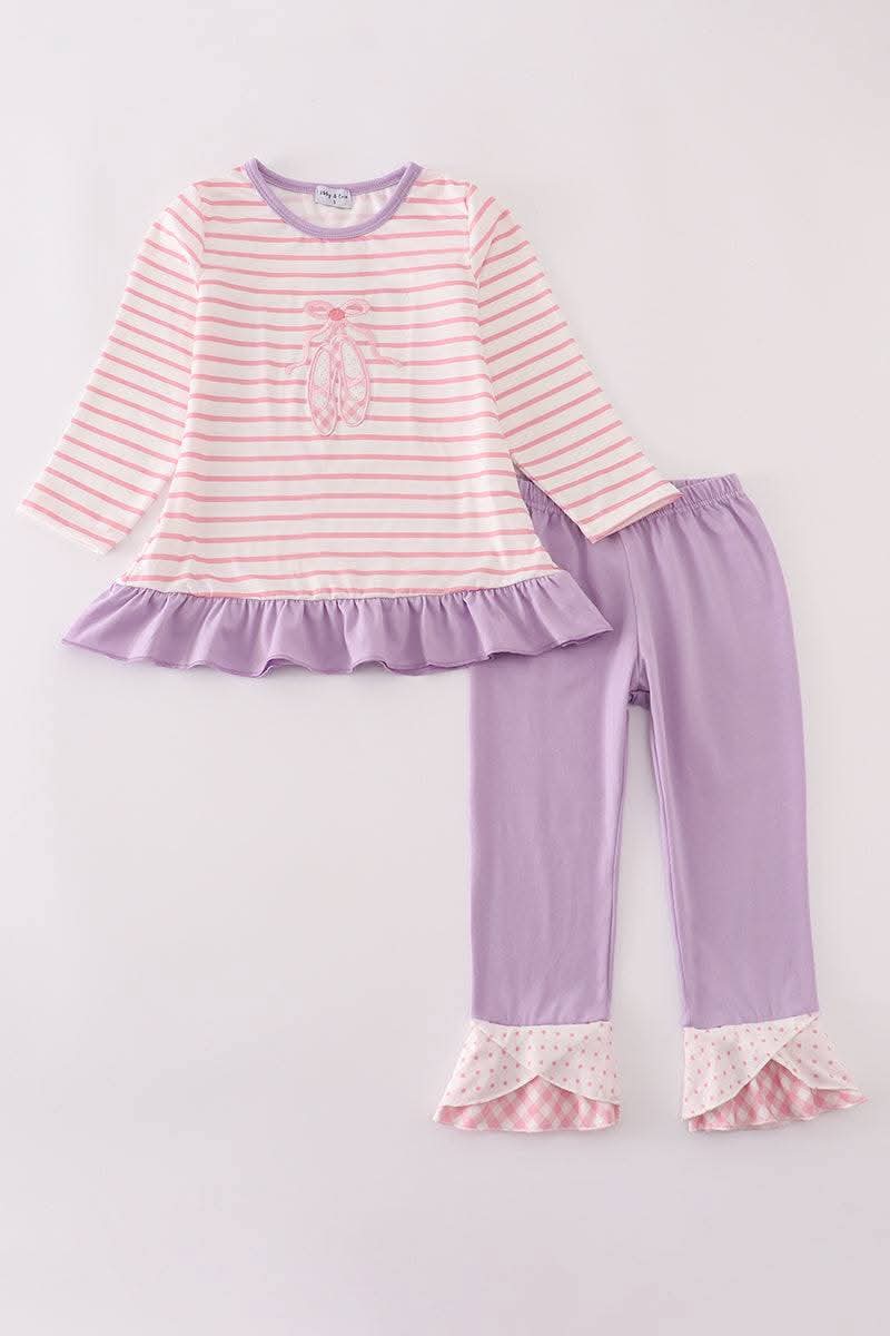 Purple Ballet Shoes Embroidery Stripe Girls Set Honeydew