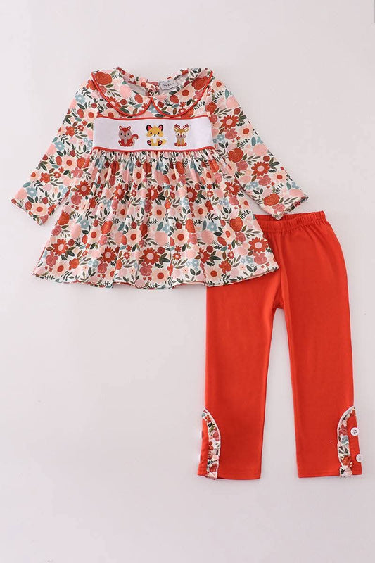 Fox Embroidery Floral Print Pants Set Honeydew