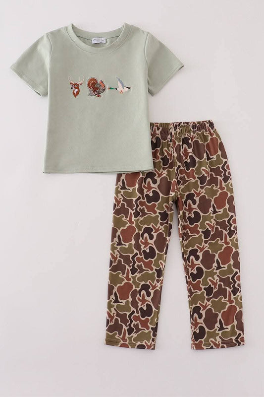 Green Camoflauge Hunting Embroidery Pants Set Honeydew