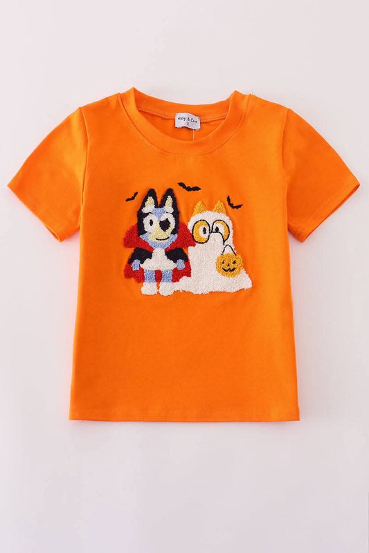 Orange Blue Dog Halloween French Knot Top Honeydew