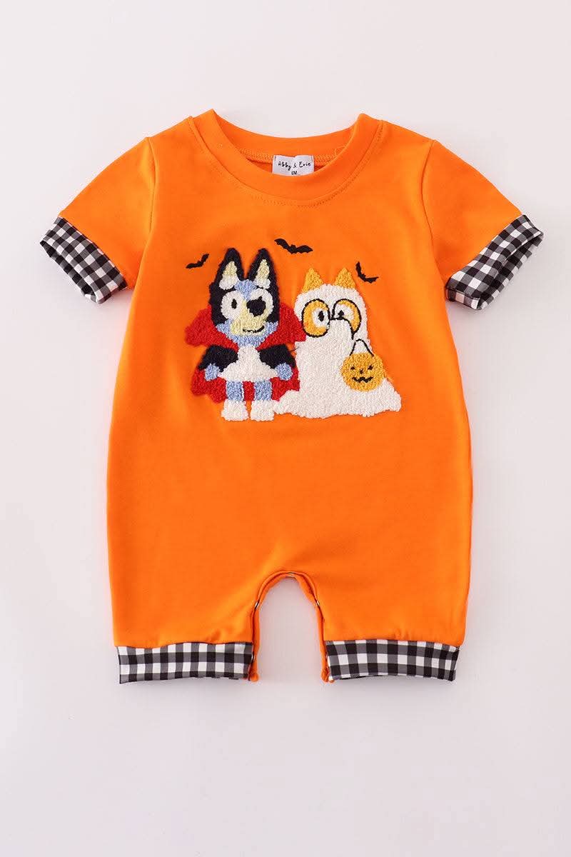 Orange Blue Dog Halloween French Knot Boy Romper Honeydew