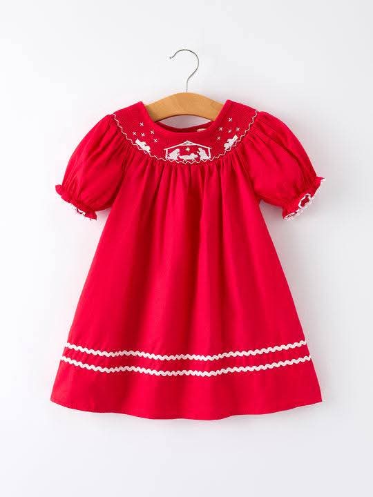 Red Christmas Girls Dress Nativity Embroidery Rylee Faith