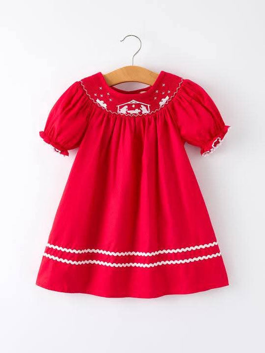 Red Christmas Girls Dress Nativity Embroidery Rylee Faith