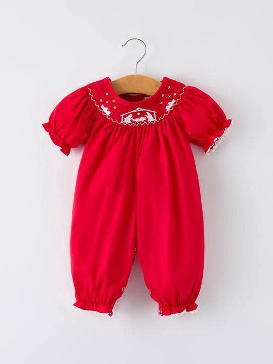 Red Nativity Smocked Girl Romper - PO Rylee Faith