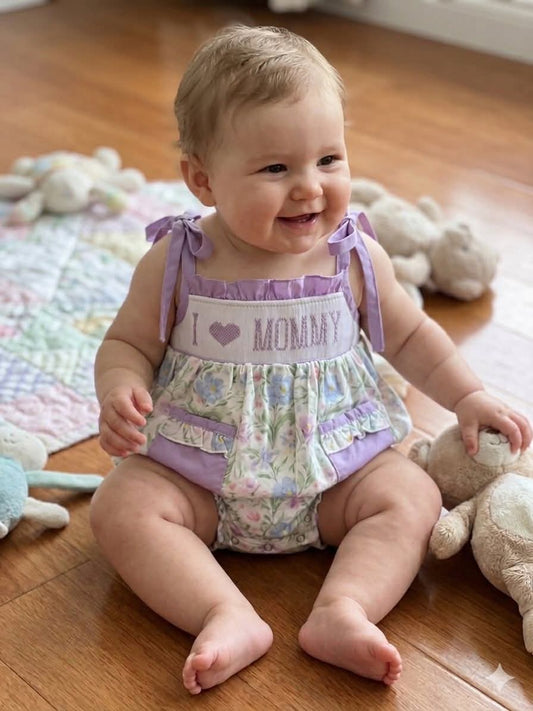 Premium Collection I Love Mommy Hand Smocked Purple Floral Bubble Ambabie