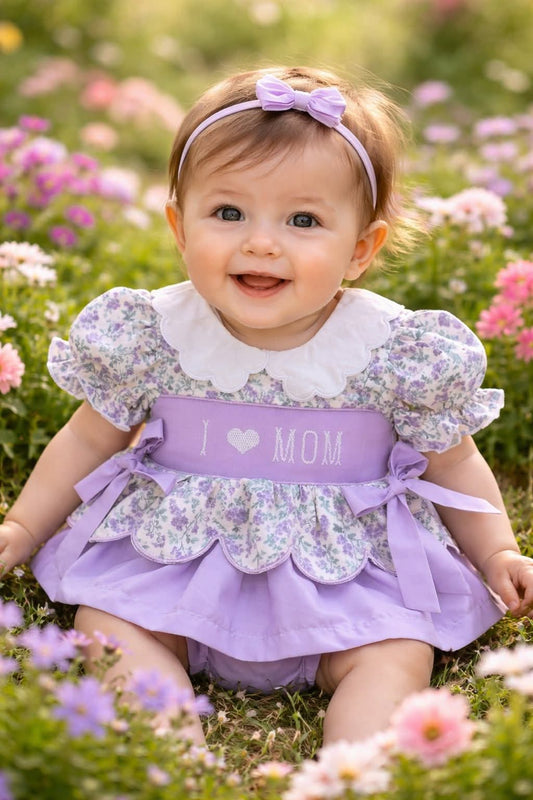 I Love Mom Purple Hand Smocked Floral Skirted Romper southernsweetpea