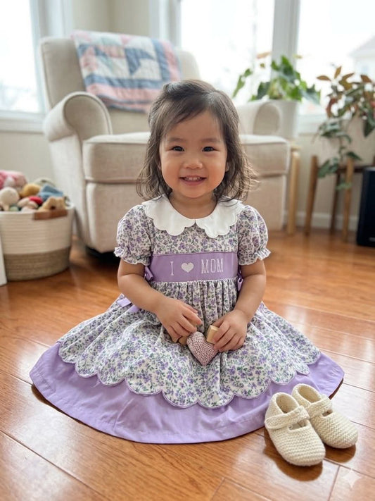 I Love Mom Purple Hand Smocked Floral Dress Ambabie