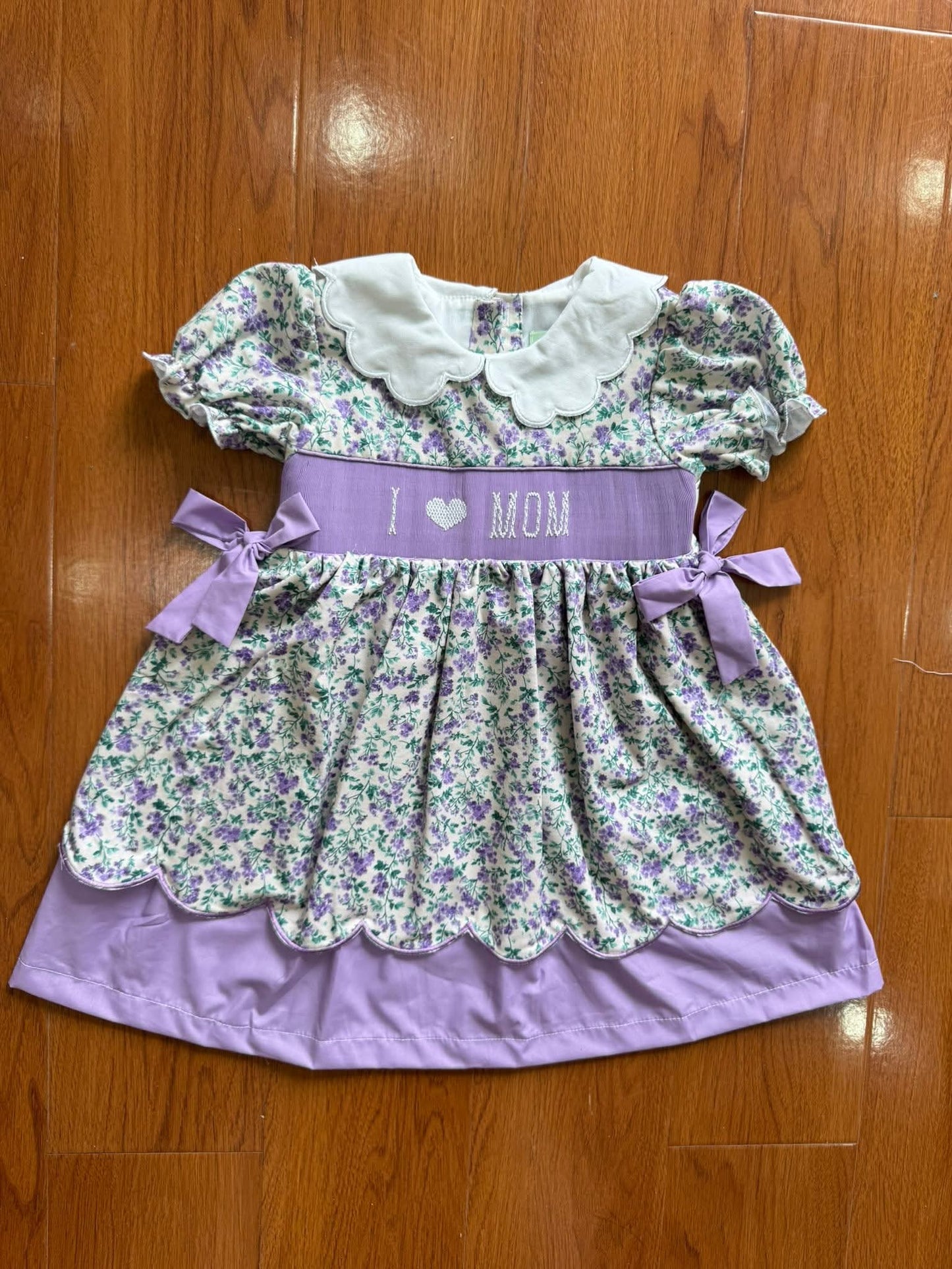 I Love Mom Purple Hand Smocked Floral Dress Ambabie