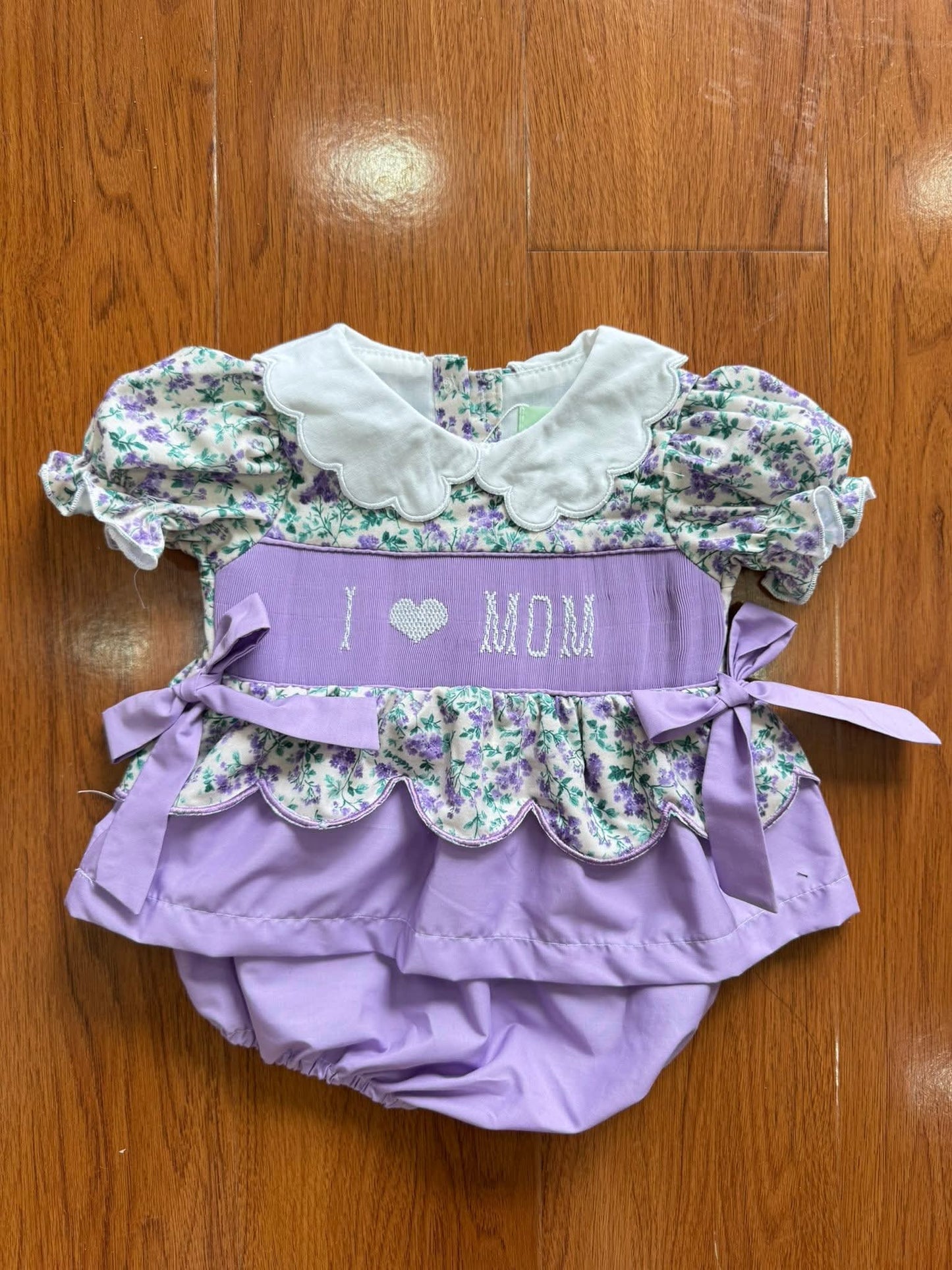 I Love Mom Purple Hand Smocked Floral Skirted Romper southernsweetpea