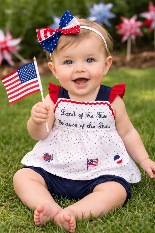 Land of the Free Because of the Brave Girl Bloomer Set Hand French Knot Ambabie