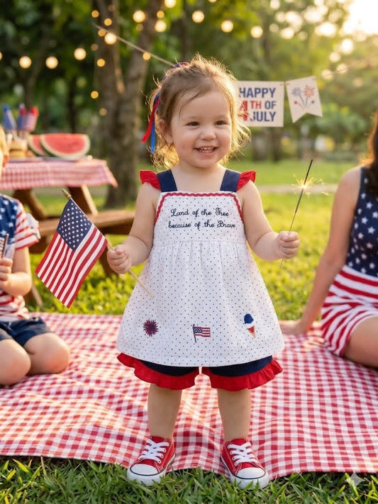 Land of the Free Because of the Brave Girl Short Set Hand French Knot Ambabie