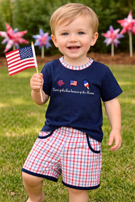 Land of the Free Because of the Brave Boy Short Set Hand French Knot Ambabie