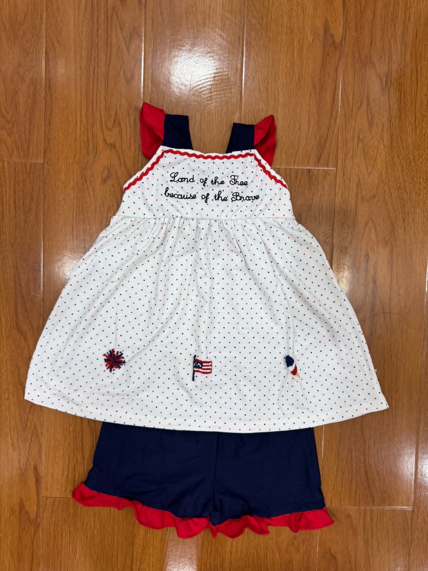 Land of the Free Because of the Brave Girl Short Set Hand French Knot Ambabie