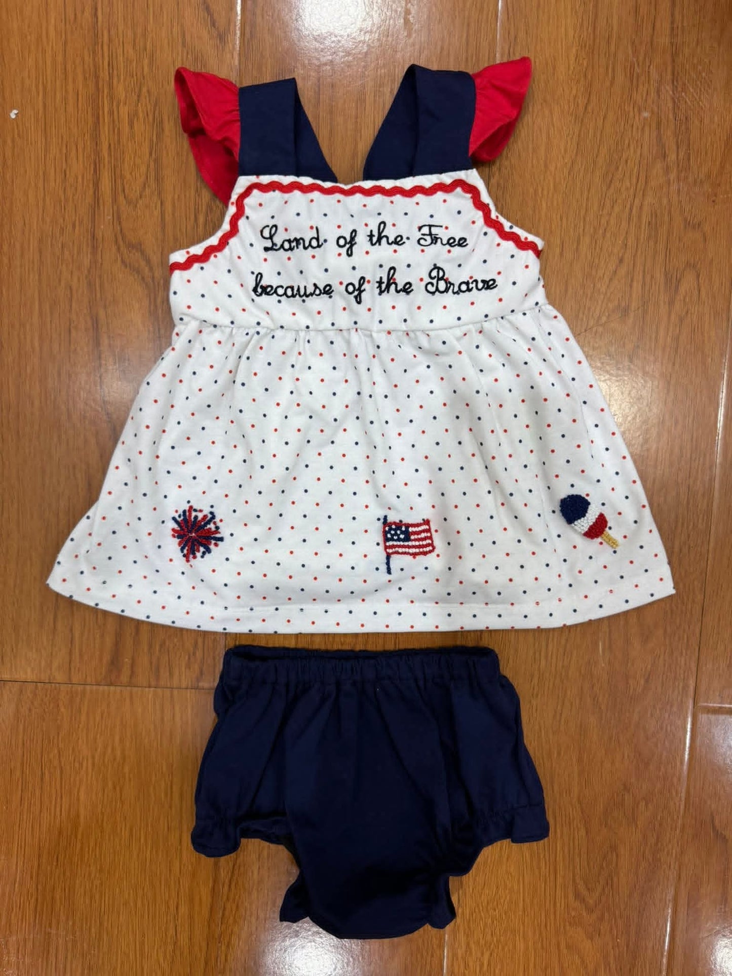 Land of the Free Because of the Brave Girl Bloomer Set Hand French Knot Ambabie