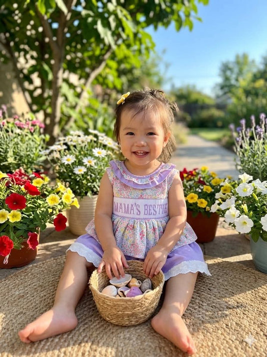 Premium Collection Mama's Bestie Hand Smocked Purple Floral Short Set Ambabie