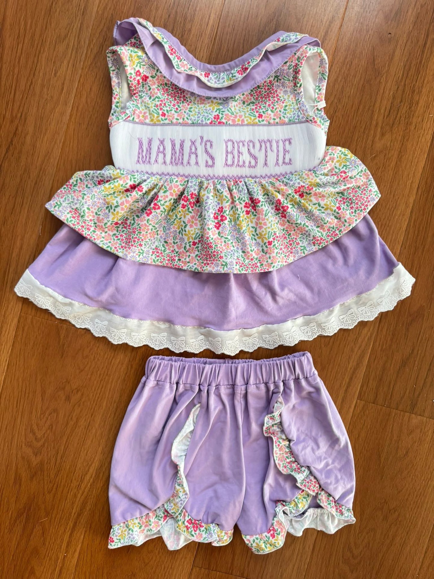 Premium Collection Mama's Bestie Hand Smocked Purple Floral Short Set Ambabie