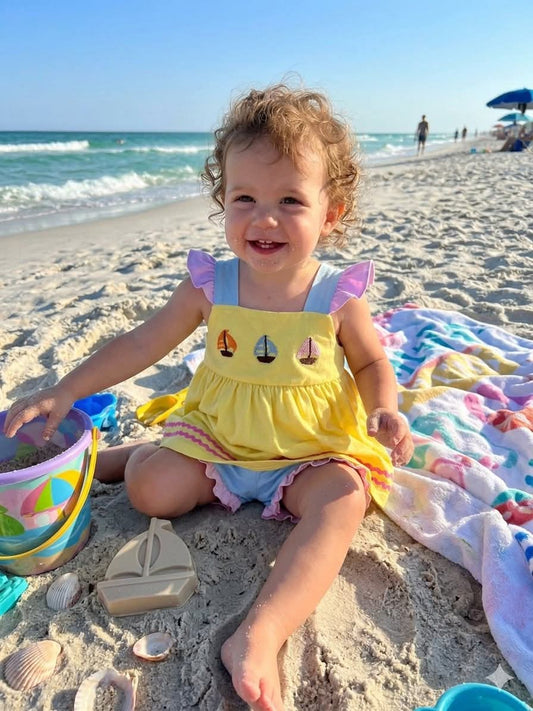 Yellow Sailboat Hand French Knot Girls Shorts Set Ambabie