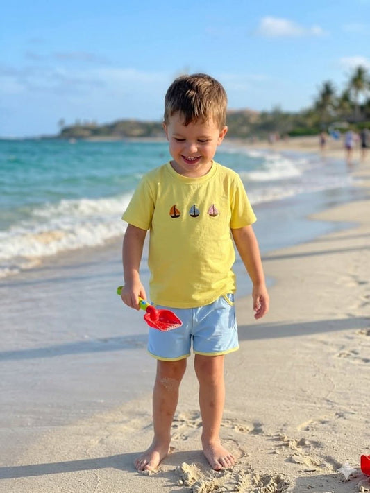 Yellow Sailboat Hand French Knot Boys Shorts Set Ambabie