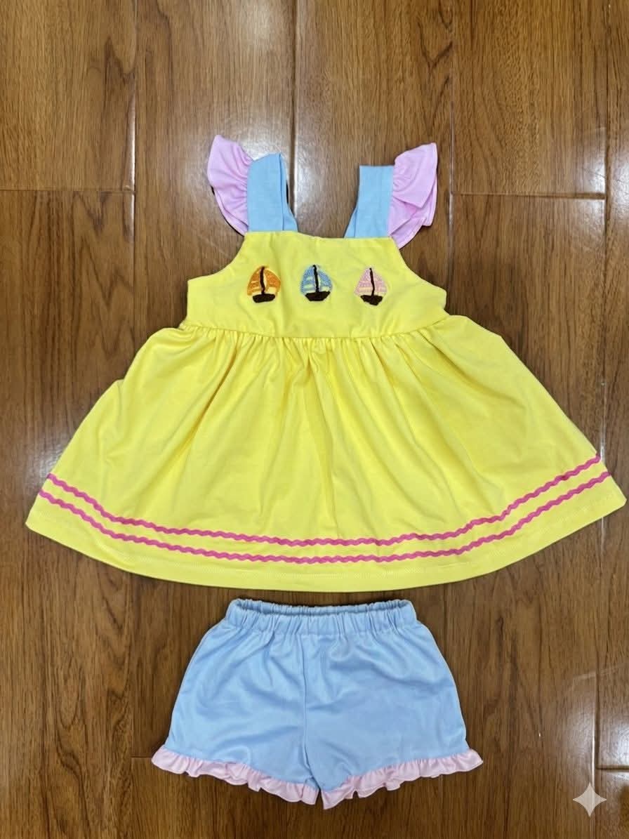 Yellow Sailboat Hand French Knot Girls Shorts Set Ambabie
