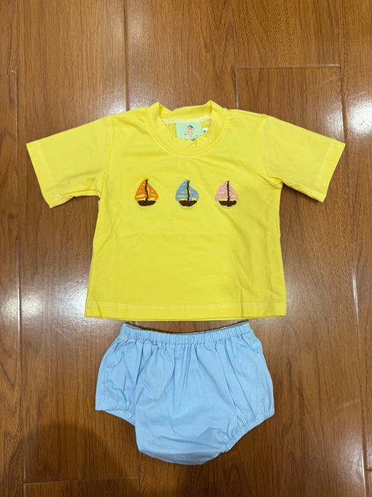 Yellow Sailboat Hand French Knot Bloomer Boy Set Ambabie