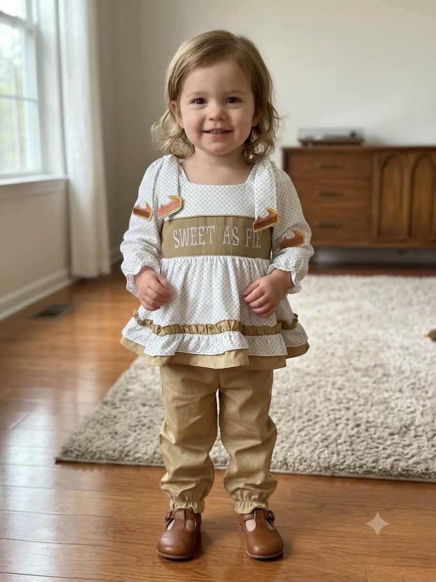 Sweet as Pie Hand French Knot Girl Pants Set Ambabie