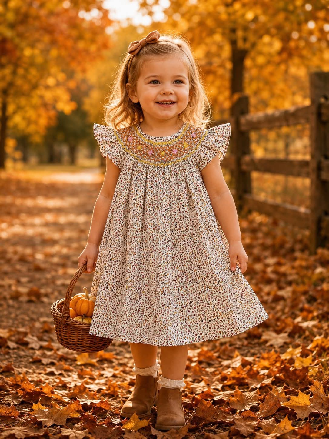 Brown Floral Hand Smocked Dress Ambabie