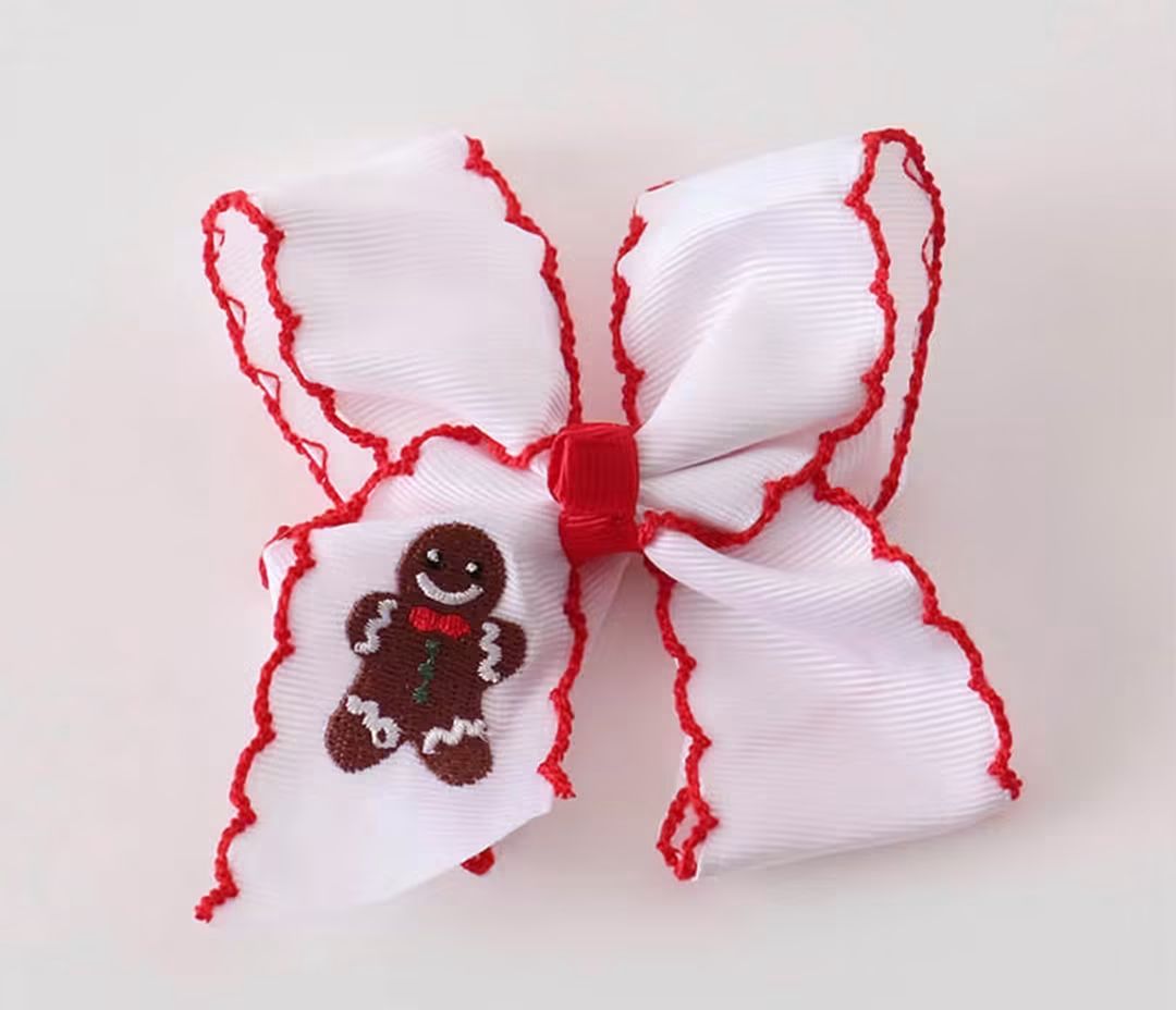 Red Gingerbread Man Holiday Embroidery Crotchet Edge Alligator Clip Hair Bow Honeydew