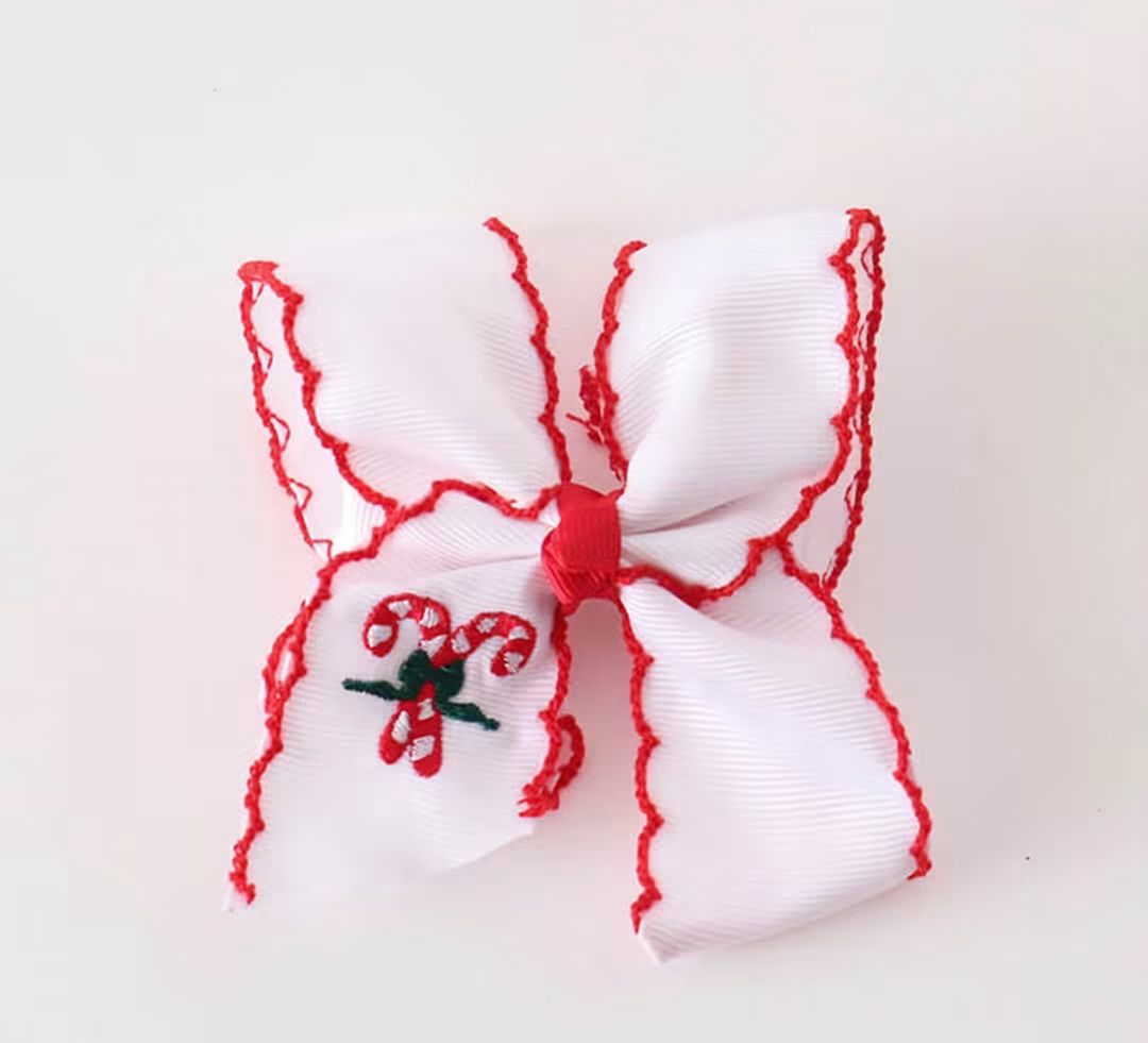 Red Candy Cane Holiday Embroidery Crotchet Edge Alligator Clip Hair Bow Honeydew