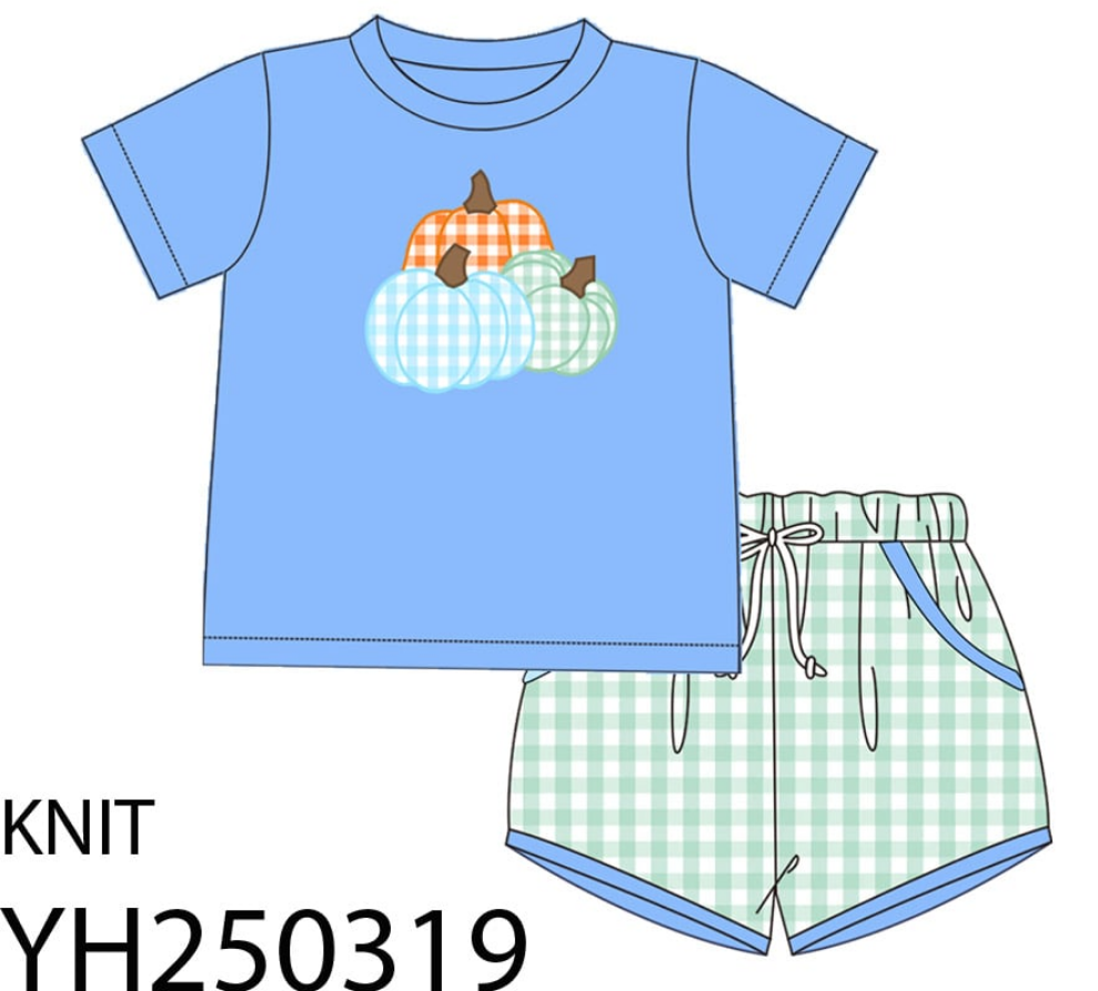 Blue Three Pumpkins Applique Collection - Boy Short Set - eta July Boyis