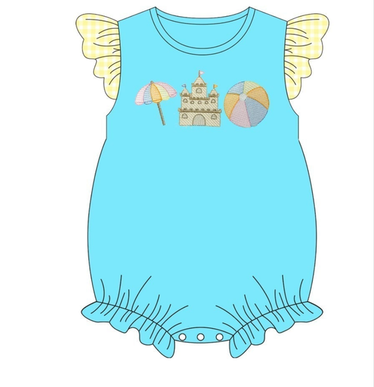 Blue Beach Sandcastle Embroidery Collection - Girl Romper - eta July