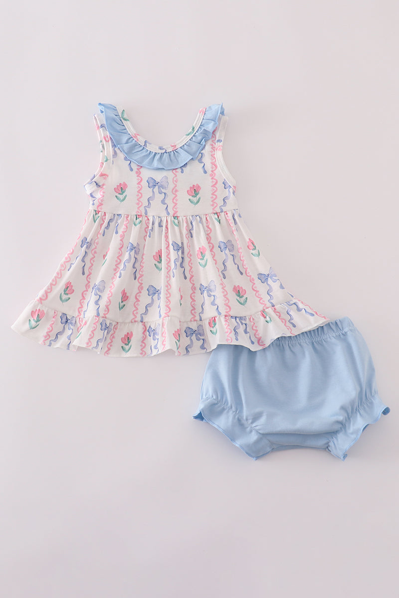 Blue Floral Bow Ruffle Print Bloomer Set Honeydew
