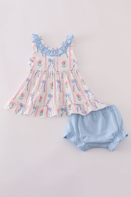 Blue Floral Bow Ruffle Print Bloomer Set Honeydew