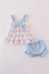 Blue Floral Bow Ruffle Print Bloomer Set Honeydew
