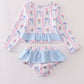 Blue Floral Bow Print Rashguard 2 Pc Swimsuit 50+ UPF Honeydew