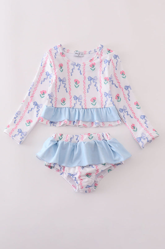 Blue Floral Bow Print Rashguard 2 Pc Swimsuit 50+ UPF Honeydew