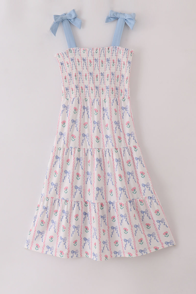 Blue Floral Bow Print Mom Dress Honeydew