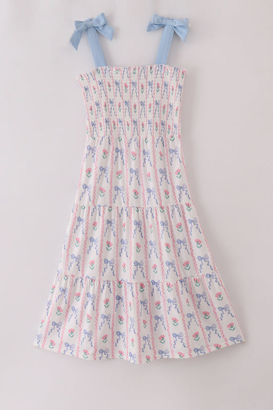 Blue Floral Bow Print Mom Dress Honeydew