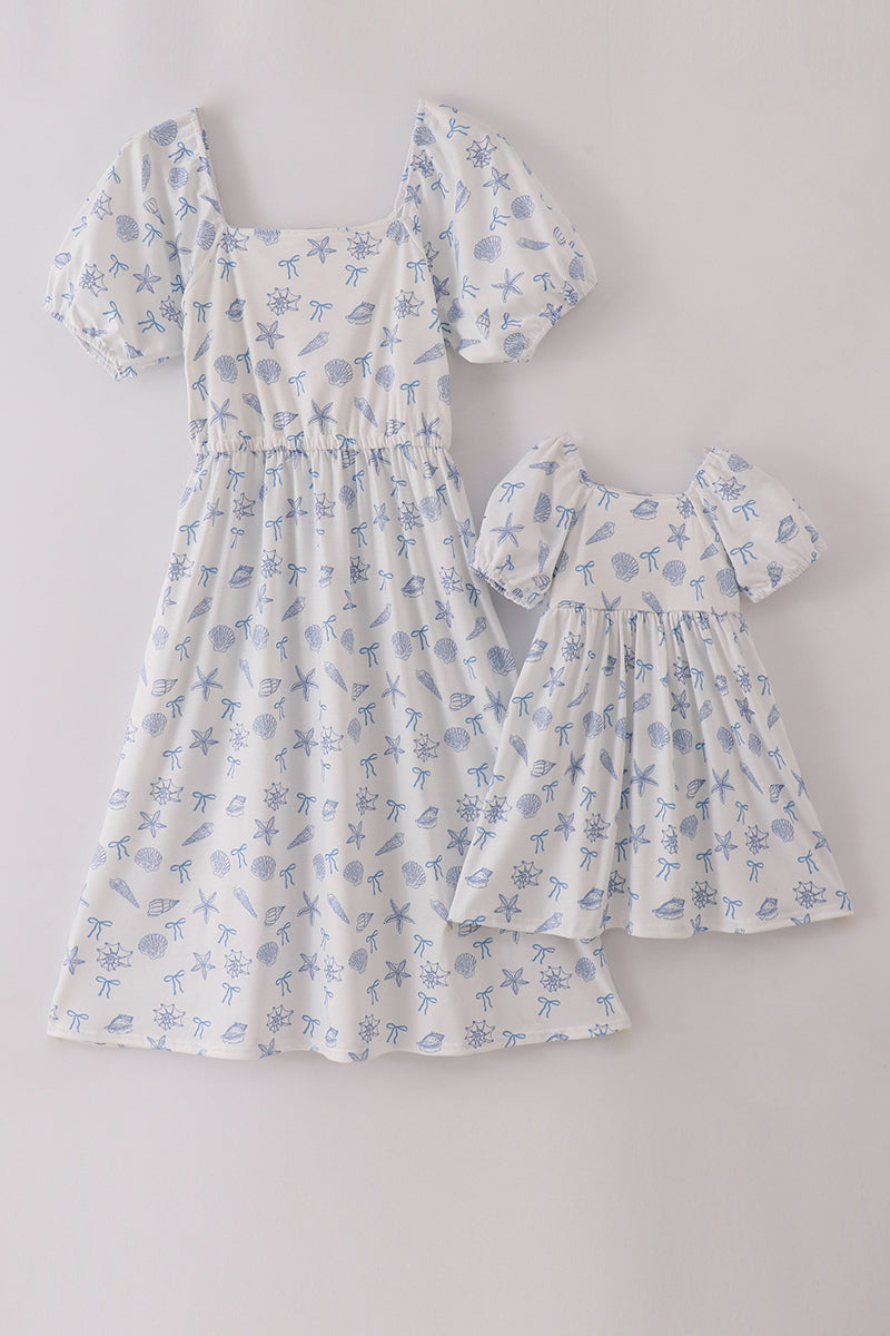 Blue Seashell Bow Girl Dress Honeydew