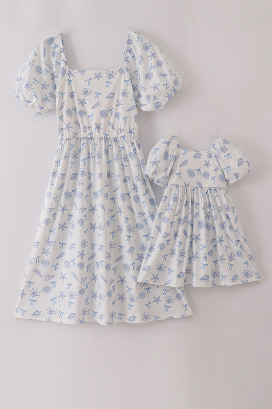 Blue Seashell Bow Girl Dress Honeydew