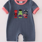 Navy Character Embroidery Romper Honeydew