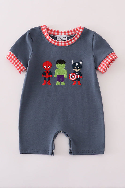 Navy Character Embroidery Romper Honeydew