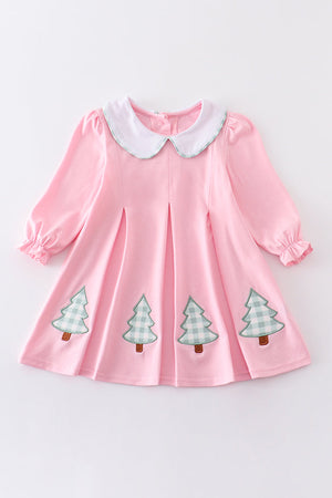 Pink Christmas Tree Applique Girl Dress Honeydew
