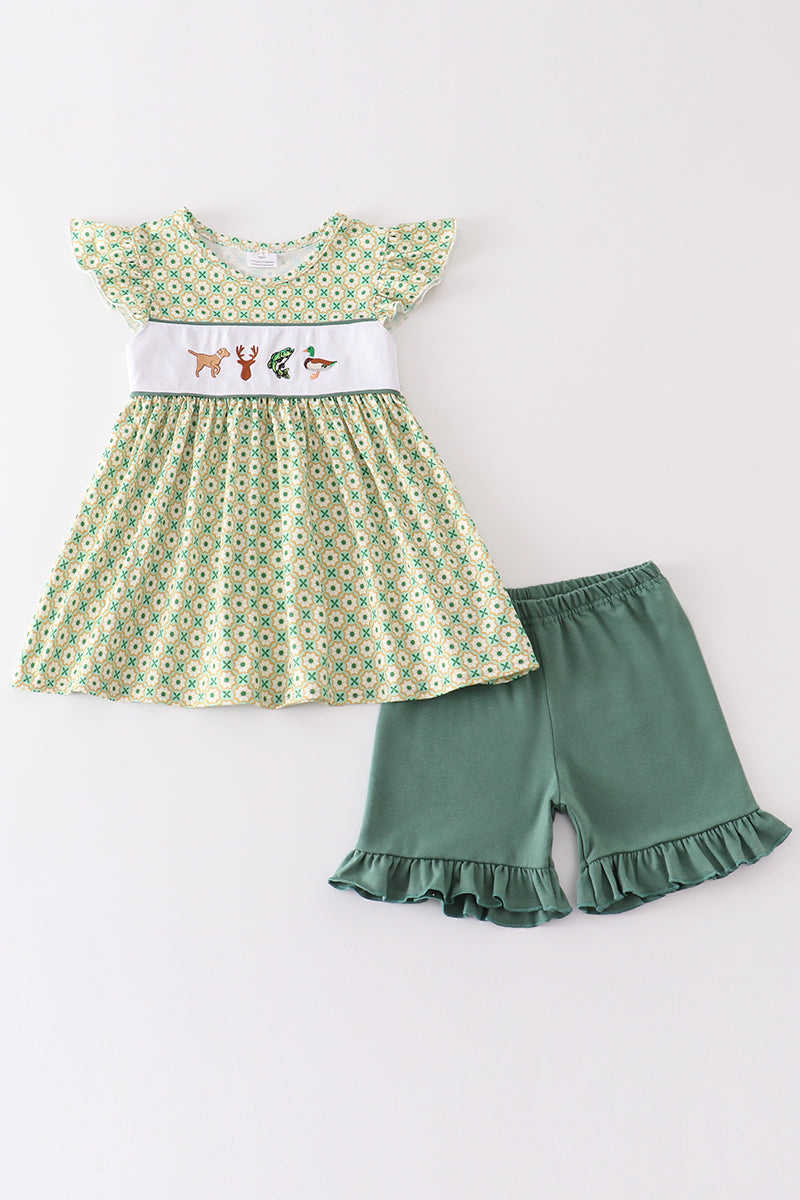 Green Go Hunting Embroidery Floral Print Girl Set Honeydew
