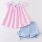 Pink Seersucker Animal Embroidery Girl Set Honeydew
