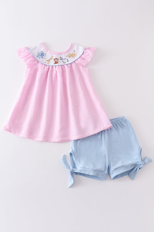 Pink Seersucker Animal Embroidery Girl Set Honeydew