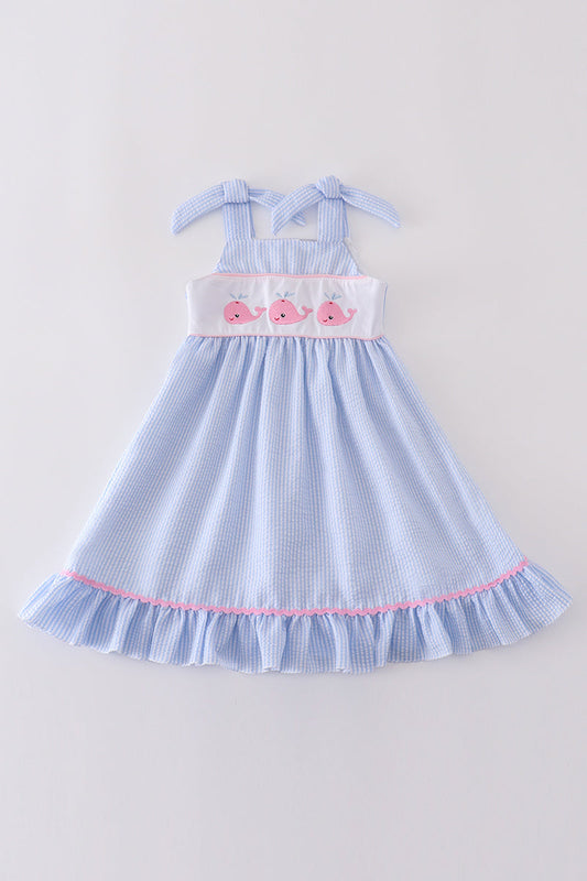 Blue Seersucker Whale Embroidery Dress Honeydew
